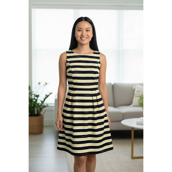 Eva Mendes for New York & Company Striped Black and Yellow Midi Dress - Picture 1 of 4